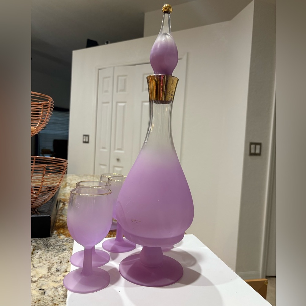 WVa Frosted Lilac Decanter w/ Intact Stopper & Matching Glasses